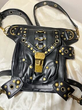 Black Studded convertible Shoulder Bag and thigh strap with Gold Hardware